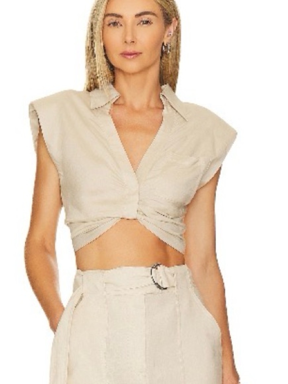 Astr Twist-Front Sleeveless Crop Top in Beige